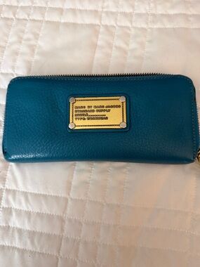 Marc by Marc Jacobs Teal Leather Zip-Around Wallet with Gold Plaque